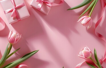 pink tulips border
Delicate Pink Tulips and Gift Boxes with Ribbon