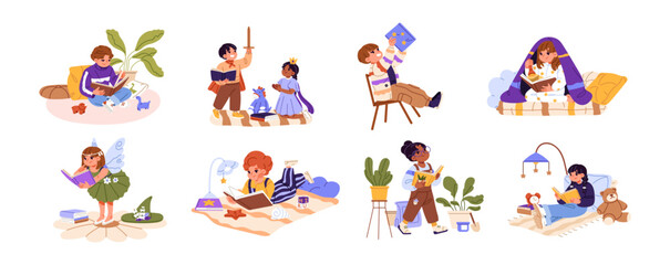 Children read paper books set. Different happy kids with bedtime storybooks. Clever boys and girls learning literature, study with textbooks. Flat isolated vector illustration on white background