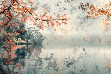 Mesmerizing Autumn Lakeside Reverie:Serene Reflections and Captivating Patterns Amid Ethereal Hues