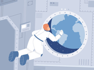 Astronaut look on earth. Cosmonaut floating in air in weightlessness on spaceship and looking outside. Universe explorer and adventure, snugly vector scene