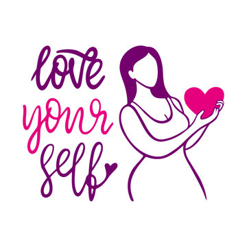 Woman hold heart. Love yourself, female line silhouette and handwritten lettering motivational phrase. Positive thinking neoteric vector concept