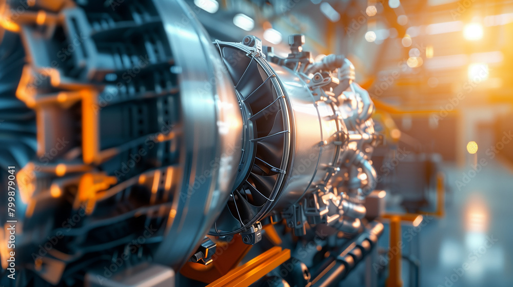 Poster high tech turbine engine with fans, wires, connectors in development with blurred background