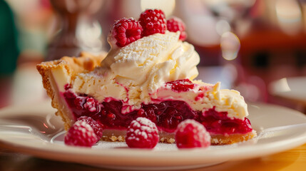 cake with raspberries and ice cream