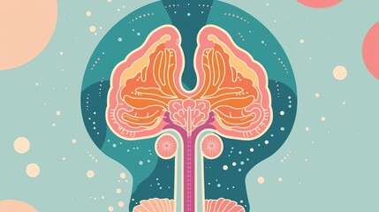 Pineal gland illustrated in flat design, hormone secretion visualization, minimalist and colorful , close-up, flat design, vector art, 2D