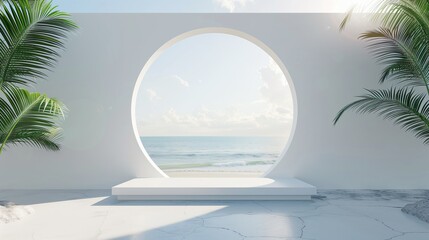 White wall with oval frame in ocean palm view