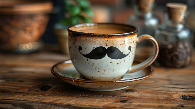 Ceramic Mug with Mustache Design on a Saucer