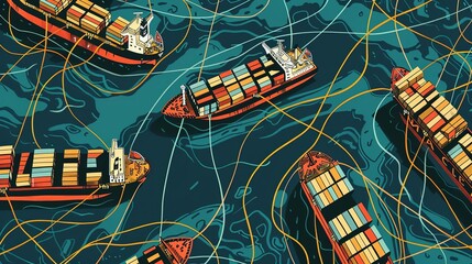 Trade Disputes Cargo ships stalled at a port, surrounded by tangled trade route lines on a map, symbolizing trade disputes