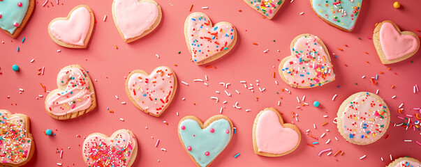 Love and Sugar: Heart-Shaped Cookies with Pastel Icing on Pink