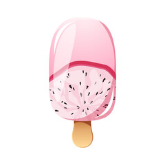 Dragon fruit ice cream, fruit popsicle on a wooden stick with pitahaya pieces. Summer cold dessert, frozen juice, fruit ice. Vector illustration.