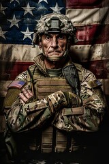 Proudly Serving Senior Caucasian Military Man in Special Forces Uniform with the USA Flag as Background, Featuring Copy Space