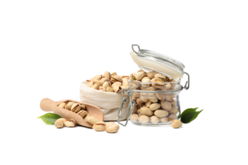 PNG, pistachios in a linen sack, isolated on a white background.