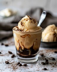 Indulgent affogato dessert with espresso and creamy vanilla ice cream in a clear glass, perfect for a sweet caffeine kick.