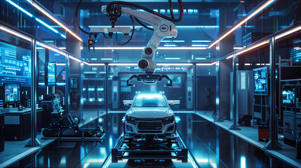 concept of future artificial intelligence industry automotive robotic digital technology manufacturing factory visual digitization