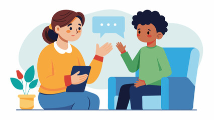 A the using sign language to help an autistic individual express their anxieties and fears during a counseling session.. Vector illustration