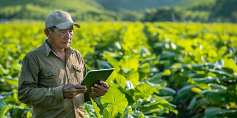 Male farmer with tablet while working at tobacco field.