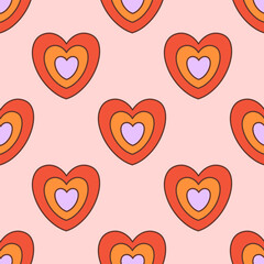 Retro seamless pattern of groovy heart. Symbol of love. Colorful vector illustration in vintage style. Hippie 60s, 70s textile design
