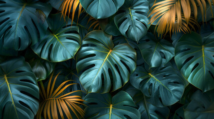 Tropical Flowers and Blue Monstera Leaves on a Dark Background