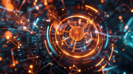 Fototapeta premium High tech server visualization, displaying particle data streams, circular computing interfaces, and virtual reality environments