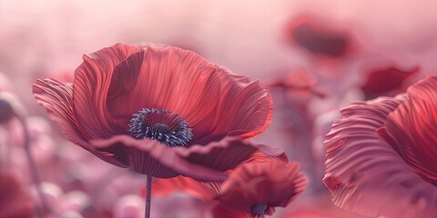 Realistic 3D representation of a full red poppy set against a gentle rose background. Botanical finesse.