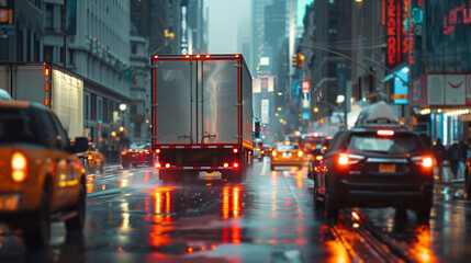 Fototapeta premium Rainy city traffic with backlit vehicles