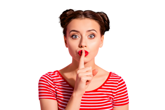 Close up photo beautiful she her lady pretty buns bright pomade lipstick arm hand finger lips asking not talk tell speak fellow friend wear casual striped red white t-shirt isolated pink background