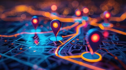 Detailed maps decorated with colorful pins showing starting points and destinations. Demonstrates the ease and accuracy of GPS navigation.