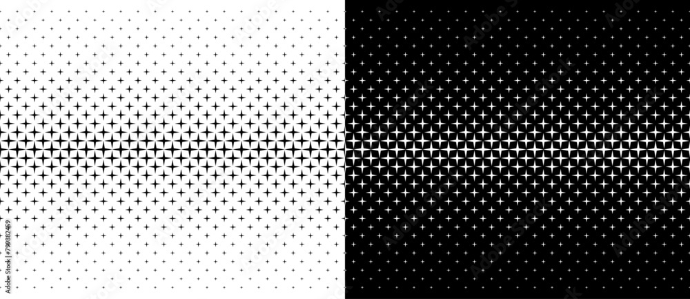 Poster Abstract background with repeated stars in halftone design. Black shape on a white background and the same white shape on the black side.