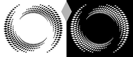 Spiral dotted background with rhombuses. Yin and yang style. Design element or icon. Black shape on a white background and the same white shape on the black side.