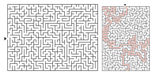 Rectangular  Maze with a solution. Medium difficulty brain teaser for brain training.