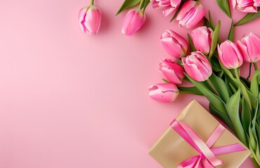 Elegant Pink Tulips and Gift Box with Ribbon in Flat Lay Style