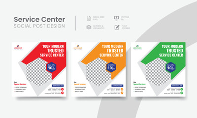 Service center social media post template for tech, & car repair creative banner ads. Functional servicing center social media flyer layout concept. Vol - 16