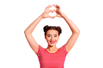 Close up photo beautiful she her lady pretty two buns pomade lips hold hands arms heart shape figure form above head cardiac health wear casual striped red white t-shirt isolated pink background