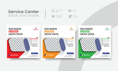 Service center social media post template for tech, & car repair creative banner ads. Functional servicing center social media flyer layout concept. Vol - 17