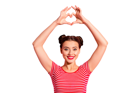 Close up photo beautiful she her lady pretty two buns pomade lips hold hands arms heart shape figure form above head cardiac health wear casual striped red white t-shirt isolated pink background
