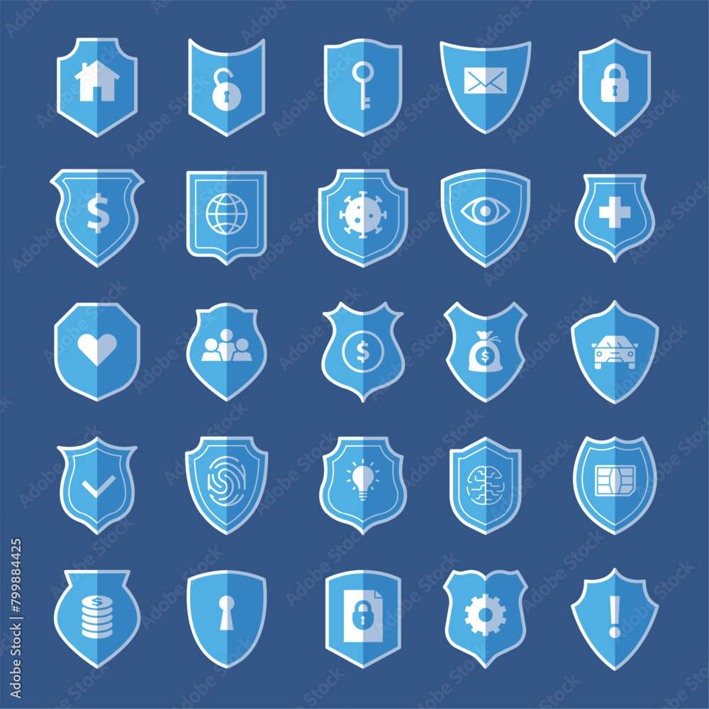 Poster shield icons. security systems logo or badges stylized symbols of protection with lock keys recent v