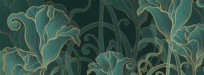 Elegant prestigious Art Deco background template with flowers. The design luxury is made for Art Deco motif with green and gold colors.