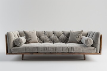 A mid-century modern sofa with a low profile and button-tufted cushions