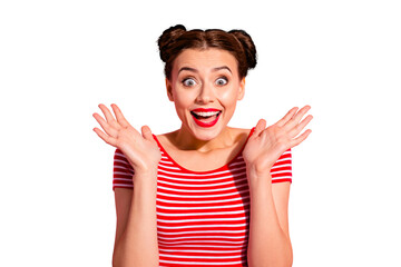 Close up photo beautiful she her lady pretty two buns hands arms raised screaming shouting yelling loud low prices black friday shopping wear casual striped red white t-shirt isolated pink background