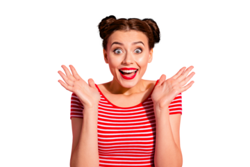 Close up photo beautiful she her lady pretty two buns hands arms raised screaming shouting yelling loud low prices black friday shopping wear casual striped red white t-shirt isolated pink background