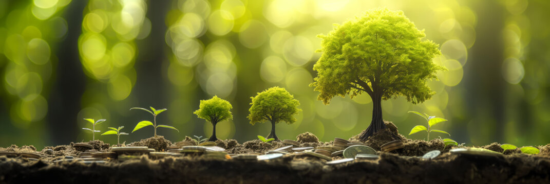 A narrative image portraying trees in varied sizes amidst coin scatter in soil, illustrating stages of growth