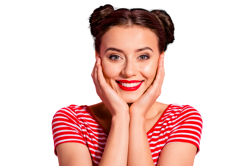 Close up photo beautiful she her lady pretty two buns bright pomade lipstick touch hold arms hands cheeks cheekbones show white teeth wear casual striped red white t-shirt isolated pink background