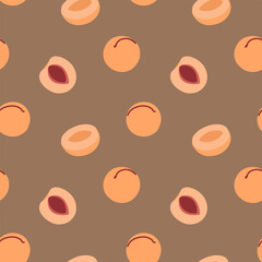Seamless pattern with peaches on dark background. Contemporary abstract flat design for decor, covers, paper. Cute vector illustration.