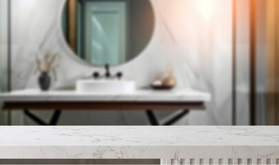 Empty marble top table with blurred bathroom interior Background. for product display.