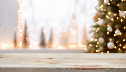Empty wooden table over defocused christmas background with copy space