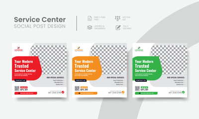 Service center social media post template for tech, & car repair creative banner ads. Functional servicing center social media flyer layout concept. Vol - 19