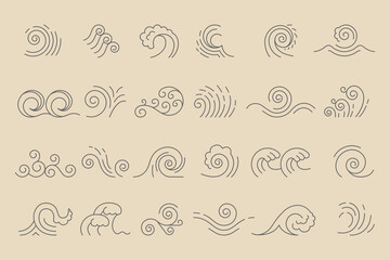 Wave icons. Linear set of abstract liquid waves different shapes recent vector template