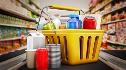 Shopping basket standing on supermarket counter. Supermarket shopping concept. 3D illustration
