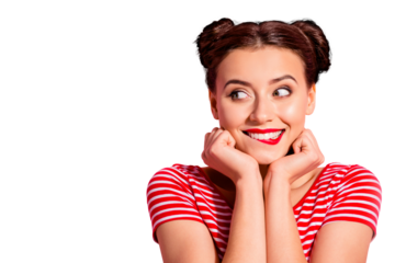 Close up photo beautiful she her lady pretty two buns eyes look empty space bright pomade lipstick touch arms hands chin cheeks wear casual striped red white t-shirt isolated pink background