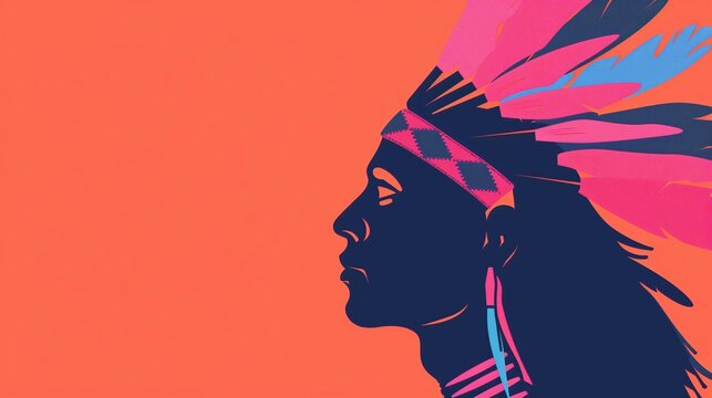 Native American tribal chieftain dark silhouette on an orange background with empty copy space. First nations of America. Horizontal (16:9)