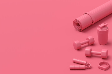 Isometric view of sport equipment like kettlebell, fitness ball and yoga mat